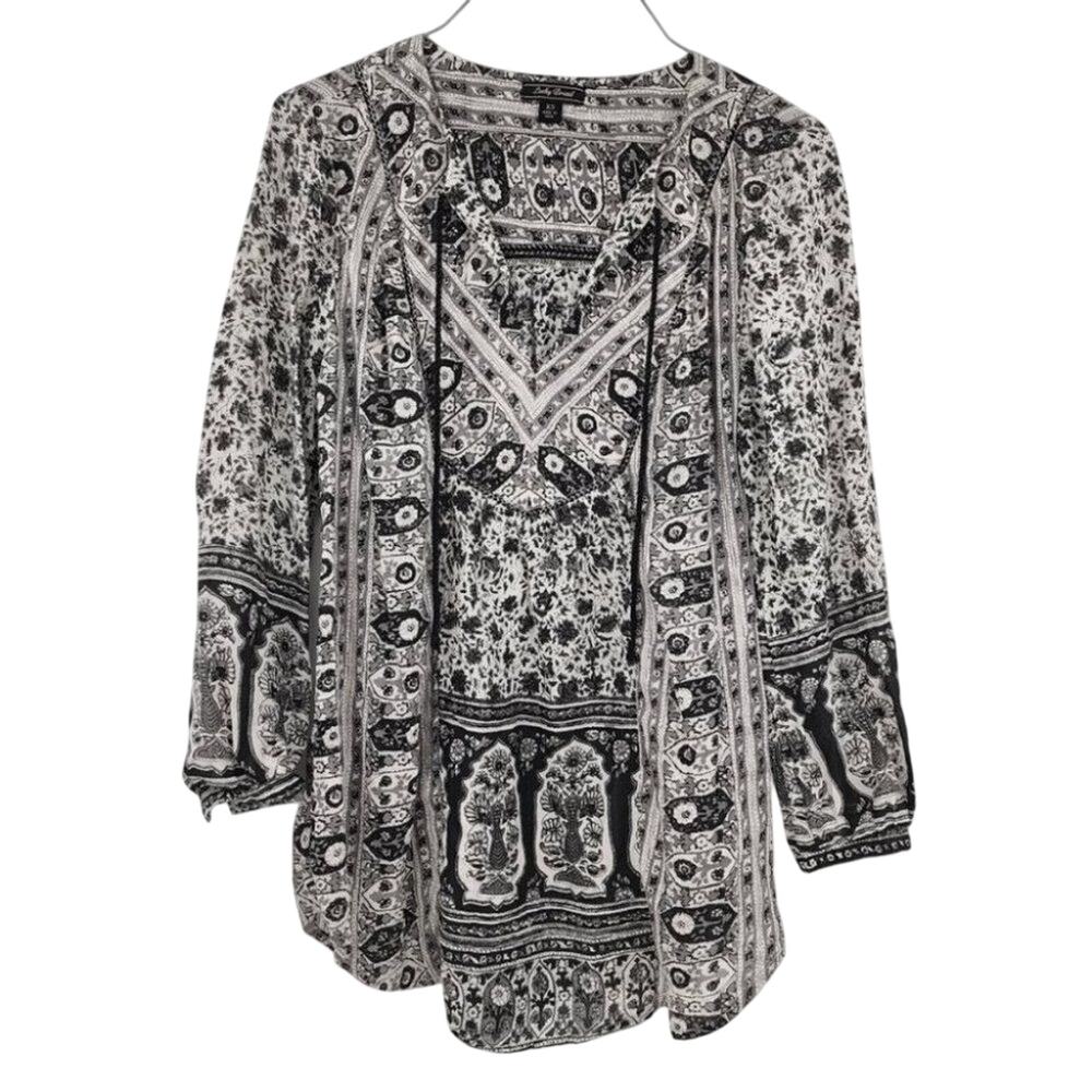 Lucky Brand Black White Paisley Print Boho Peasant Top Women's XS Long Sleeve